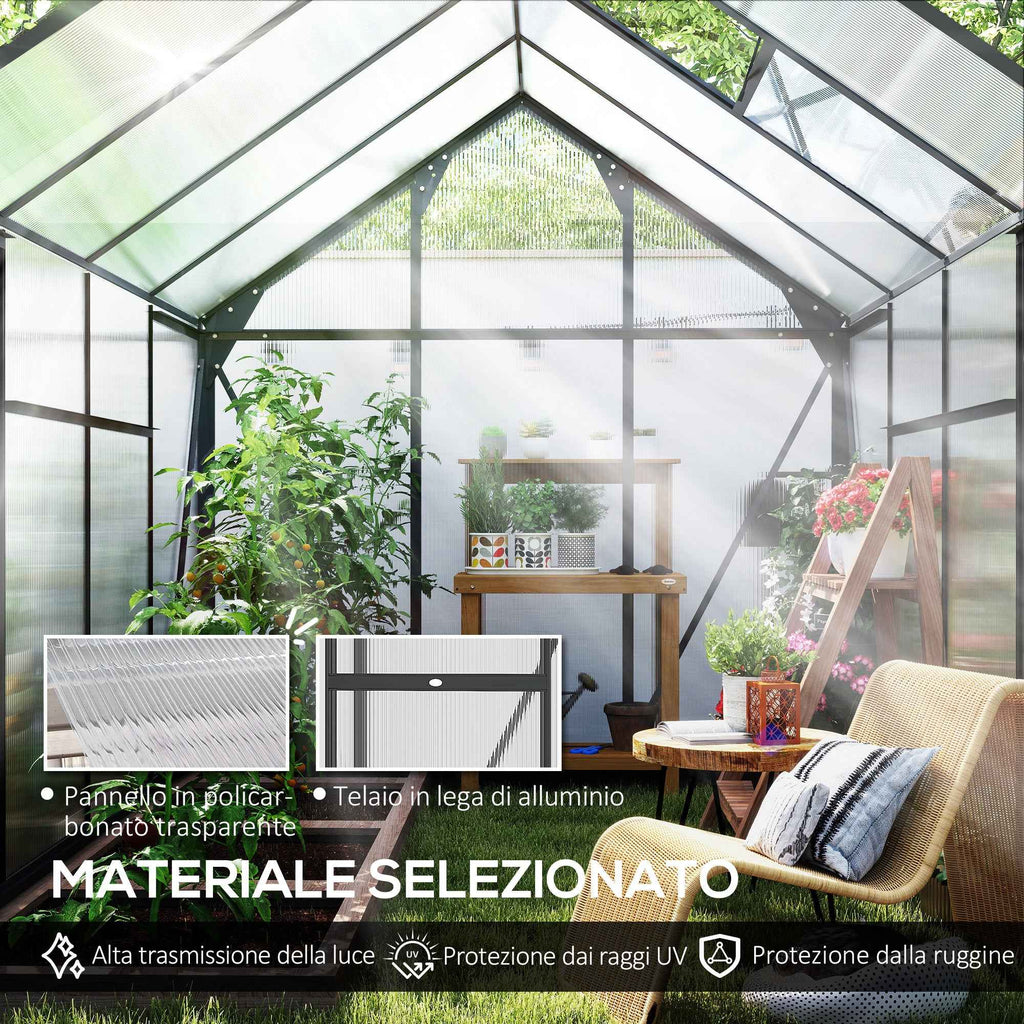 Outsunny Polycarbonate and Aluminum Greenhouse with Sliding Door, Air Vent and Gutter, 190x252x201 cm, Gray