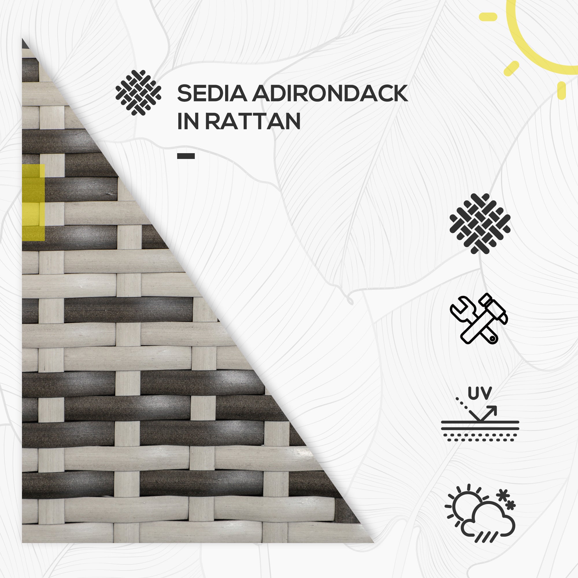 Adironrack Garden Chair with Armrests, Rattan and Steel, 64x80x90 cm, Grey