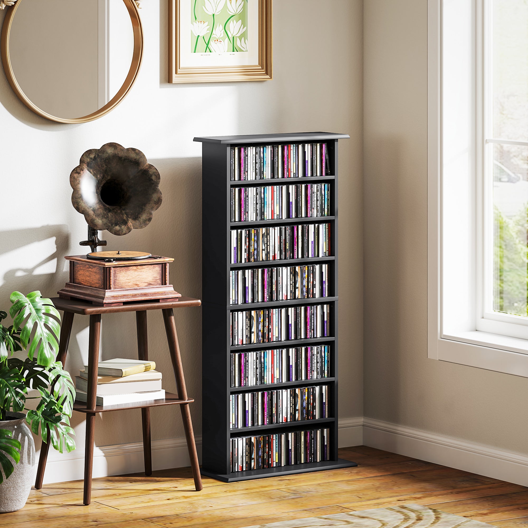 CD Rack with 6 Adjustable Shelves, 360 CDs/185 DVDs Capacity, 58x24x124.5 cm, Black
