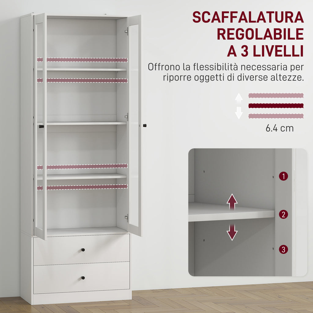 Kitchen Sideboard with Cabinet and 2 Drawers, Glass Doors and Adjustable Shelves, 59x30x164 cm, White