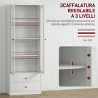 Kitchen Sideboard with Cabinet and 2 Drawers, Glass Doors and Adjustable Shelves, 59x30x164 cm, White