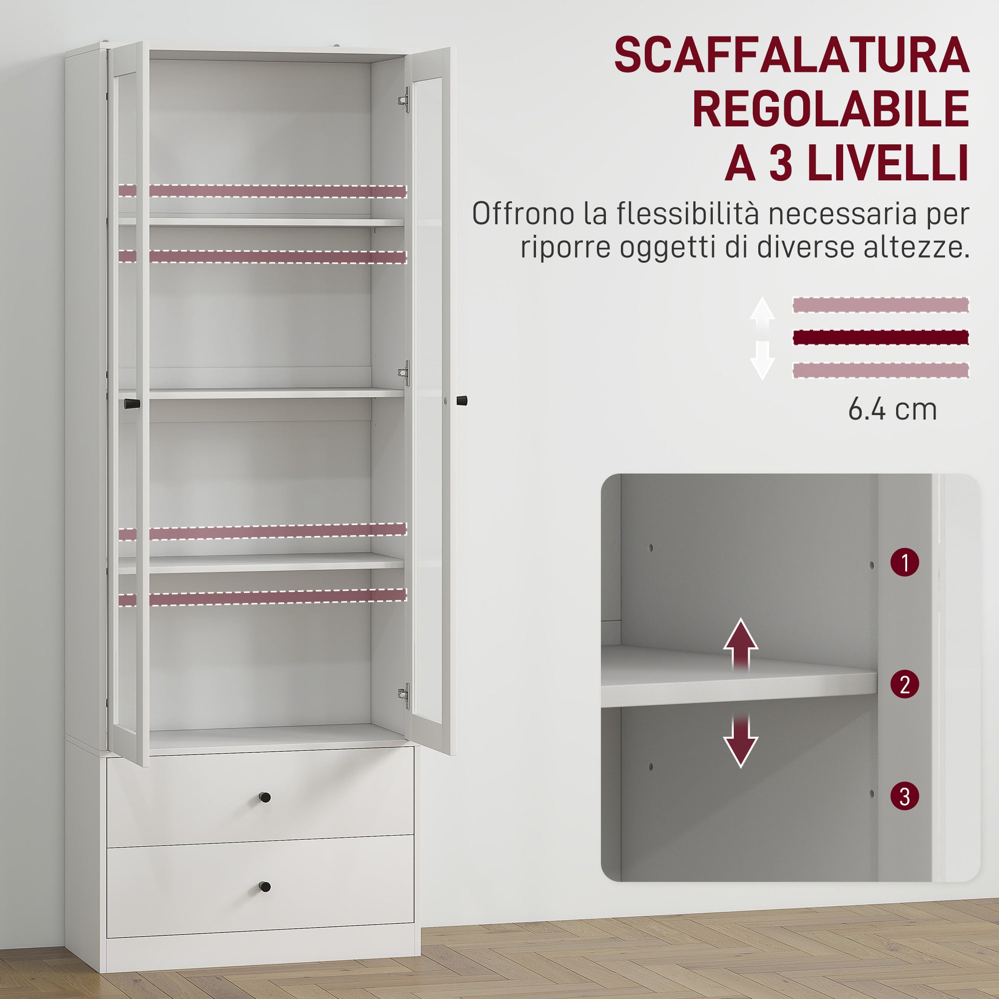 Kitchen Sideboard with Cabinet and 2 Drawers, Glass Doors and Adjustable Shelves, 59x30x164 cm, White