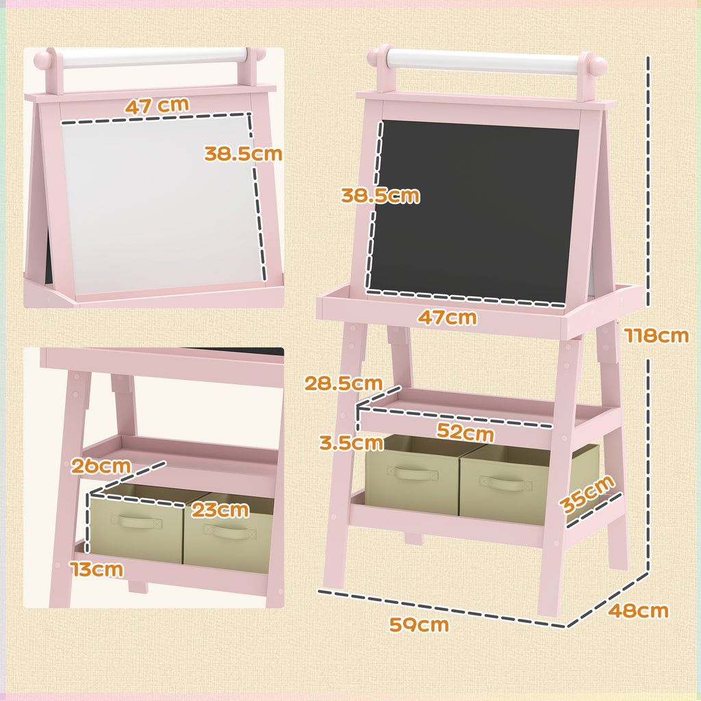 3 in 1 Children's Easel Blackboard, Paper Roll and 2 Containers, Wooden, 59x48x118 cm, Pink