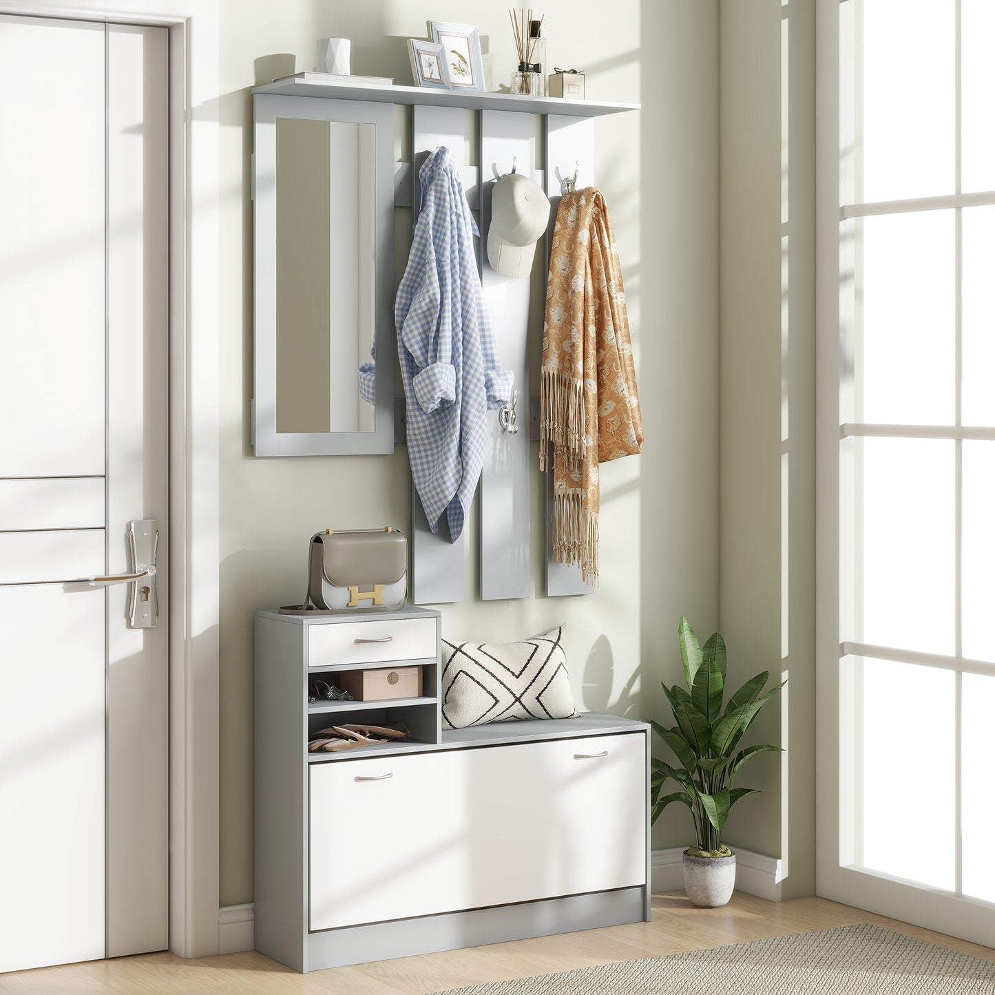 TWENTY | Coat Stand 3 in 1 with Shoe Rack and Mirror, Hooks and Drawers, in Wood, 90x10x102 cm, White and Grey