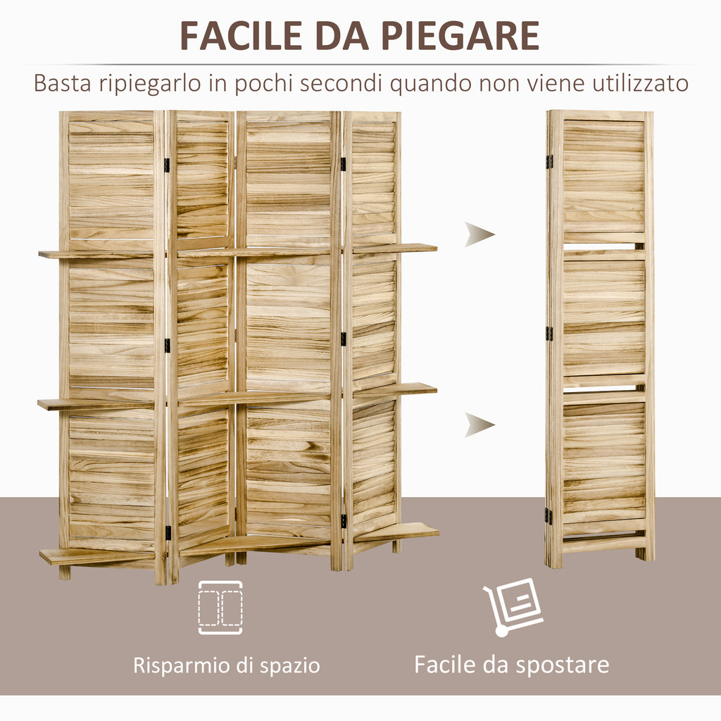 4-Panel Folding Room Divider with Shelves, Paulownia Wood, 162 x 170 cm, Wood