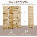 4-Panel Folding Room Divider with Shelves, Paulownia Wood, 162 x 170 cm, Wood