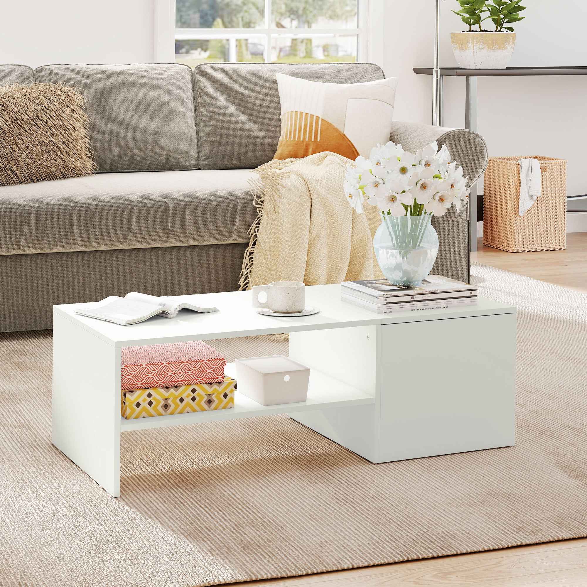 HOMCOM Wooden Coffee Table with Sliding Top and Open and Retractable Shelf, 110x52x36 cm, White