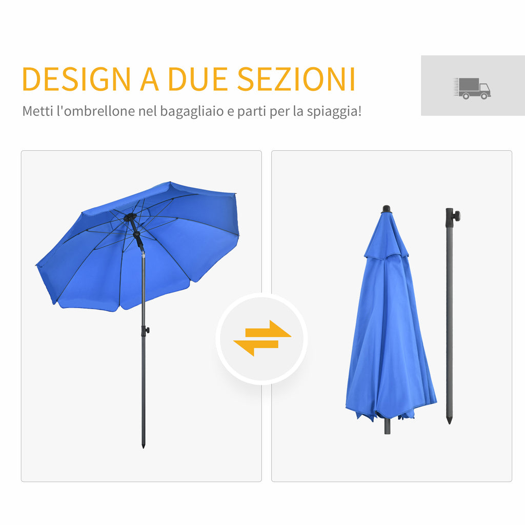 Beach Umbrella 1.8x2 m with 45° Reclining and 8 Ribs, Polyester and Steel, Blue