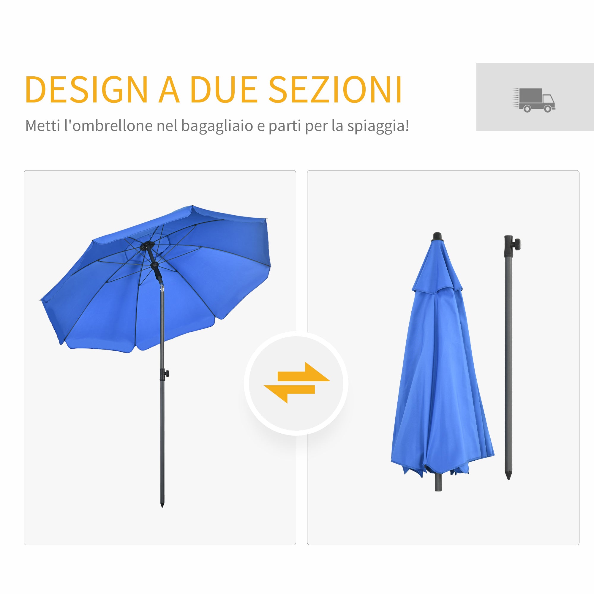 Beach Umbrella 1.8x2 m with 45° Reclining and 8 Ribs, Polyester and Steel, Blue