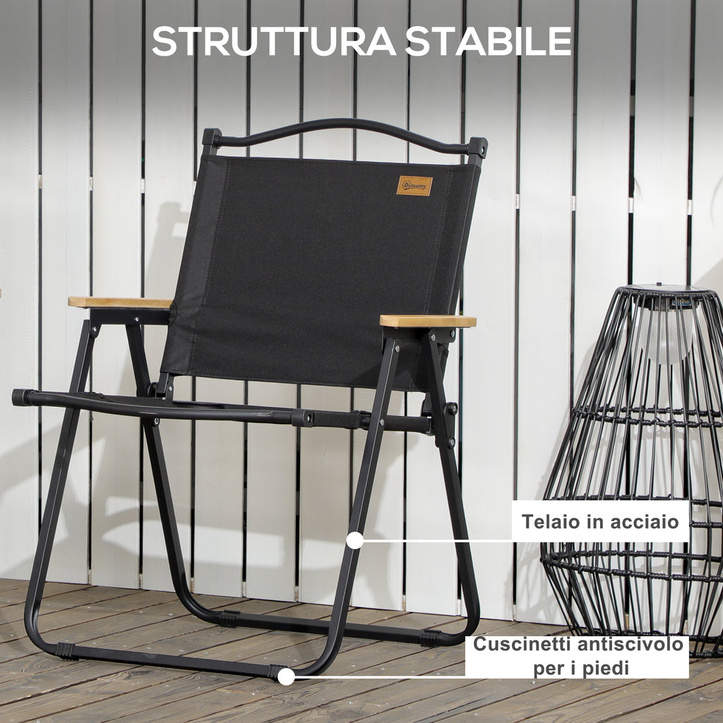 Folding Outdoor Chair with Armrests, Seat in Oxford Fabric and Steel, Black