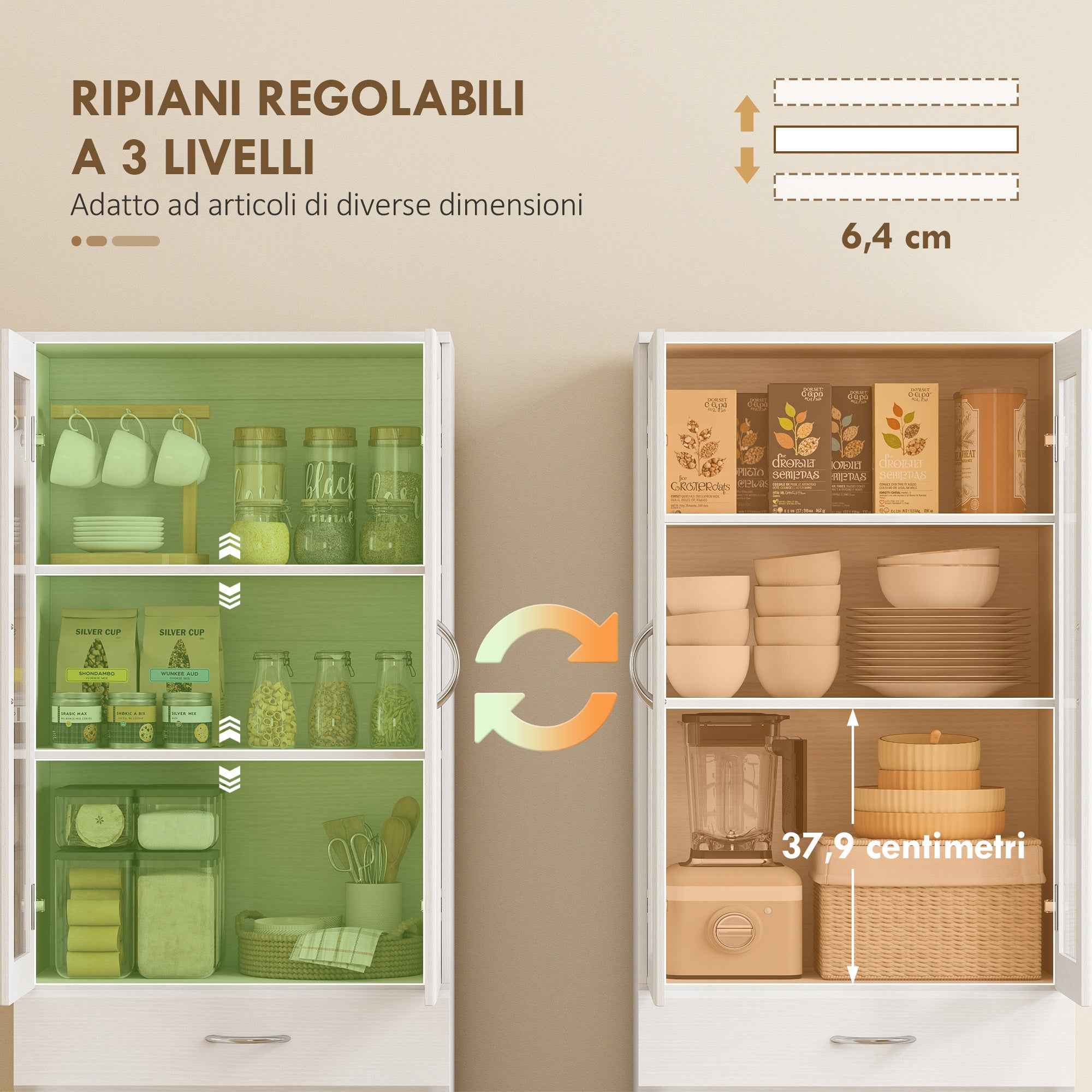 HOMCOM Kitchen Sideboard with 2 Cabinets and a Drawer, Adjustable Shelves and Glass Doors, 60x35x180 cm, White