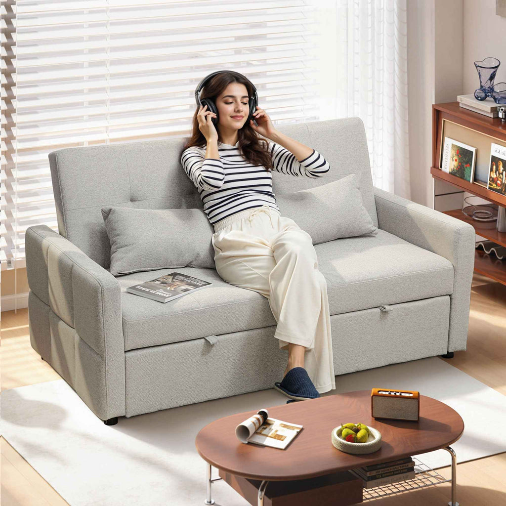 2-Seater Sofa Bed with 2 Fabric Cushions, Light Brown