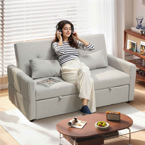 2-Seater Sofa Bed with 2 Fabric Cushions, Light Brown