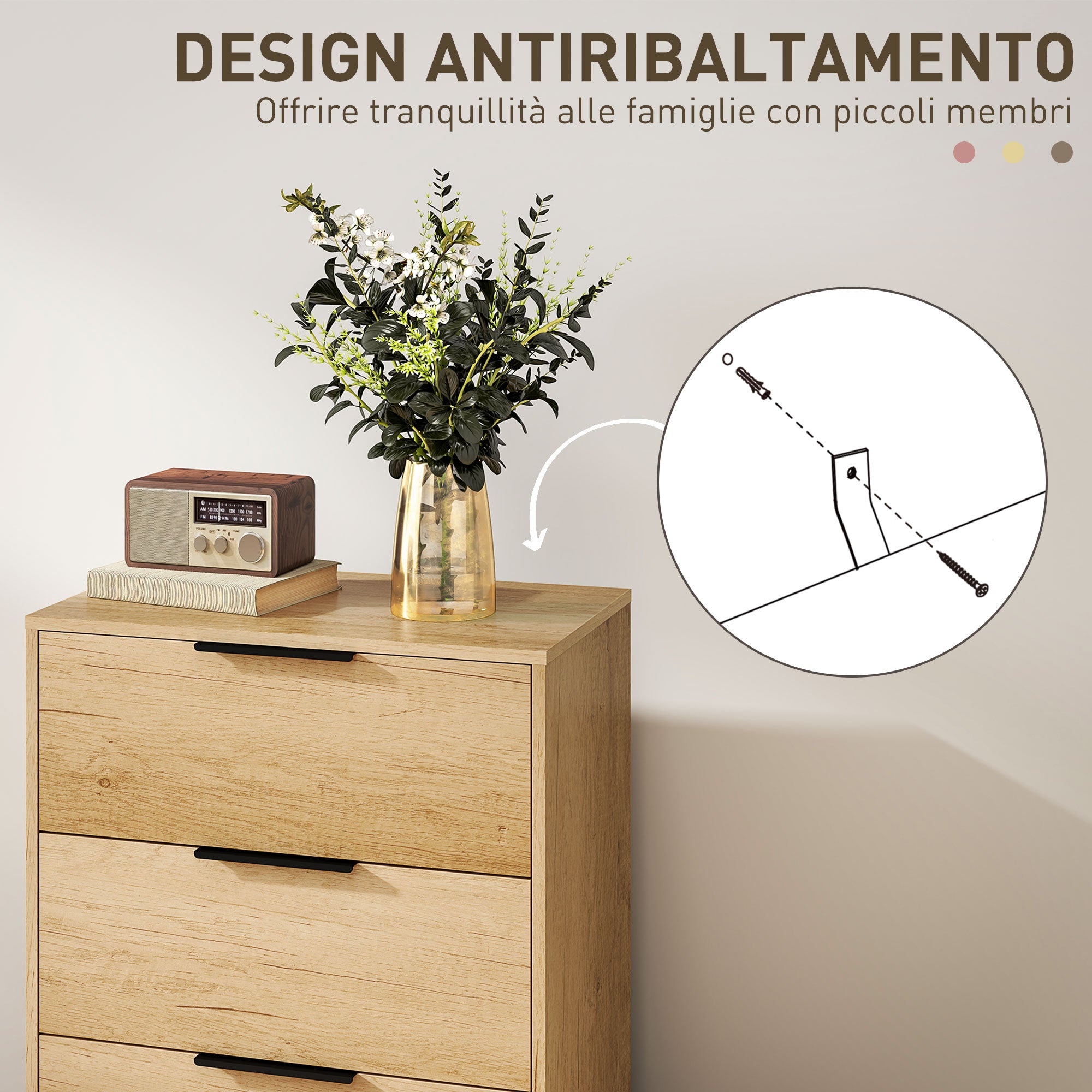 4-Drawer Chest of Drawers Anti-Tip with Black Handles, in Wood and Metal, 62x35x105 cm, Light Brown