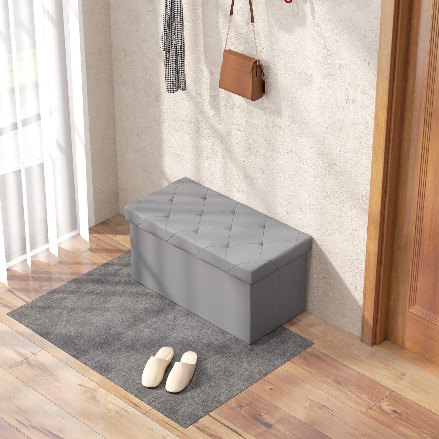 84L Folding Storage Bench, Padded Lid and Faux Leather Upholstery, 76x38x38cm, Grey