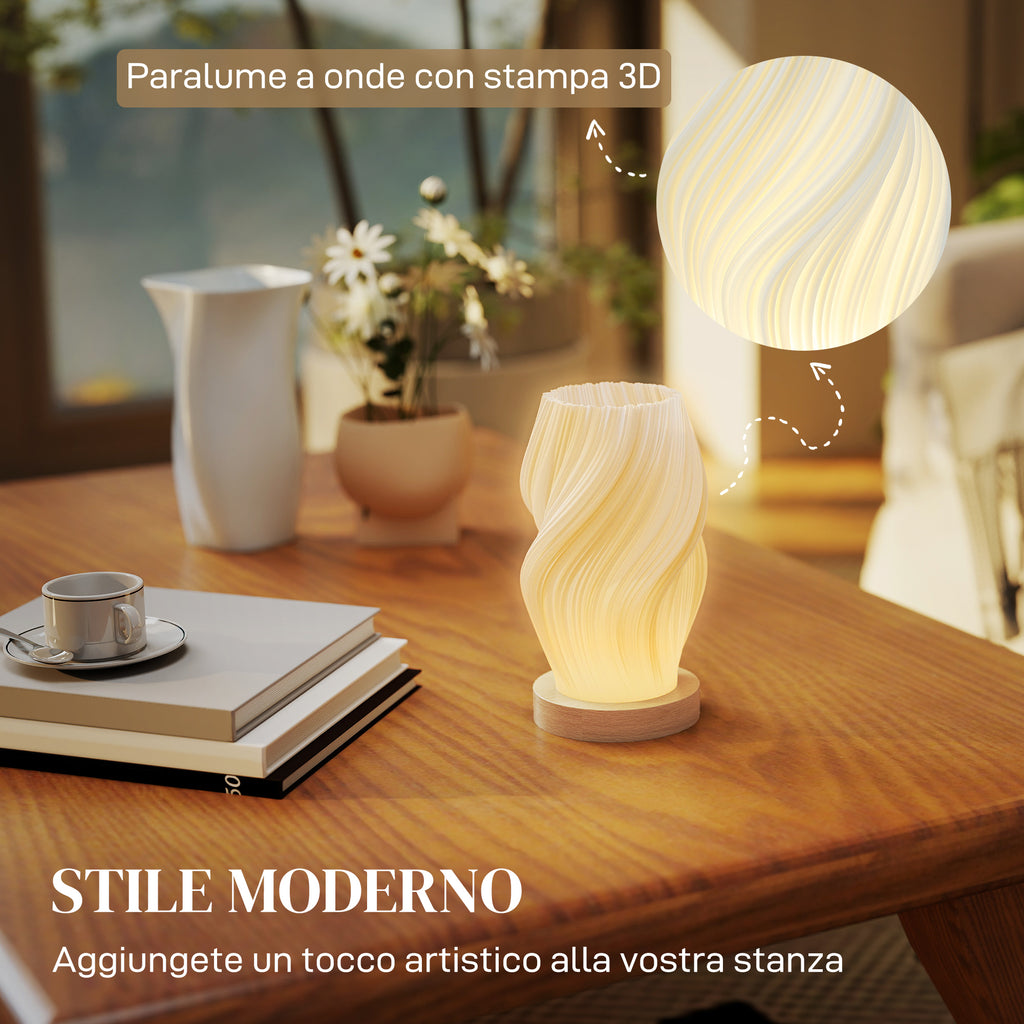 3-Color Wavy Table Lamp with USB Port, ABS and Rubber, Ø12x20 cm, White and Wood Color
