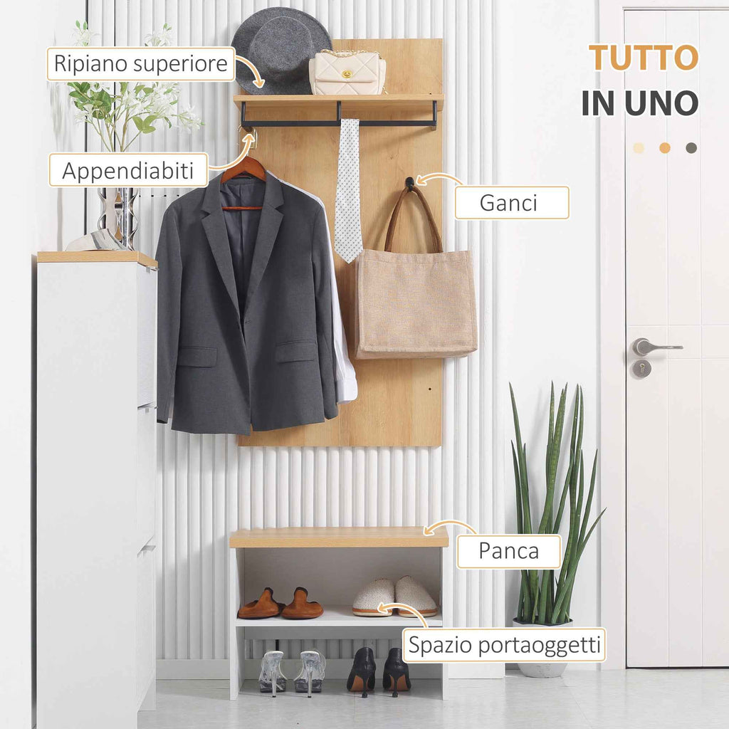 HOMCOM Entryway Cabinet with Low Shoe Rack, Bench and 4-Hook Coat Rack in Chipboard and Steel, 60x28x120 cm