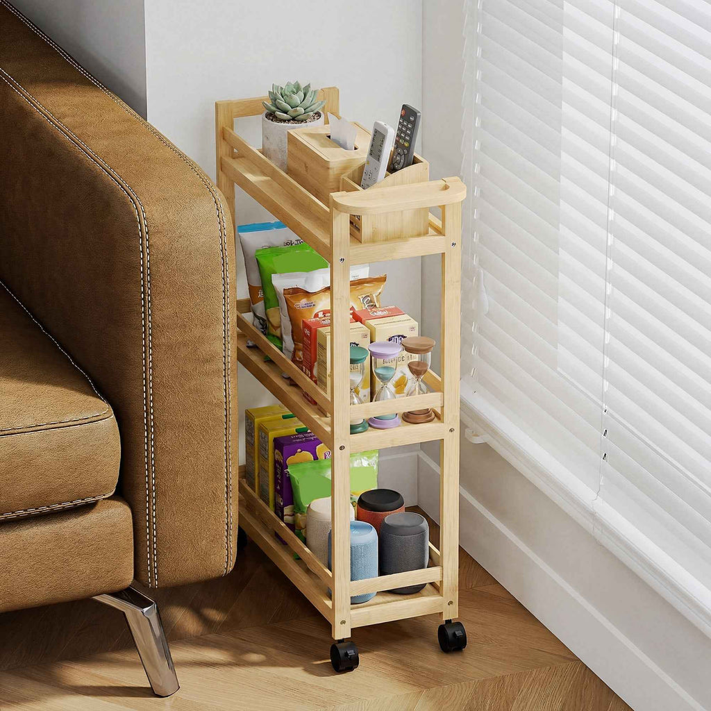 HOMCOM 3-Tier Bamboo Bathroom Storage Cart, 55x20x75 cm, Wood Color