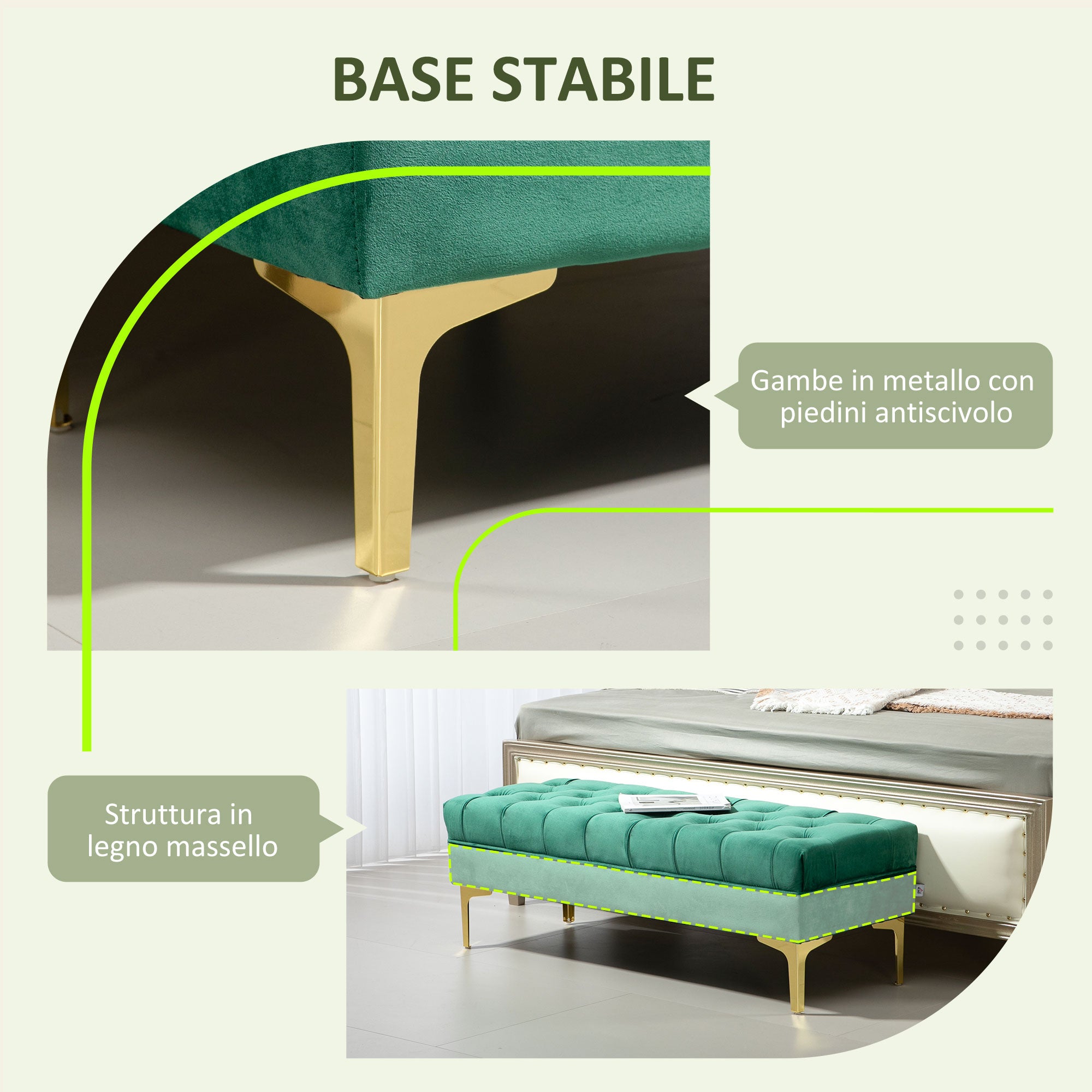 Padded Bed End Bench with Quilted Velvet Fabric Covering, 118x45x42 cm, Dark Green