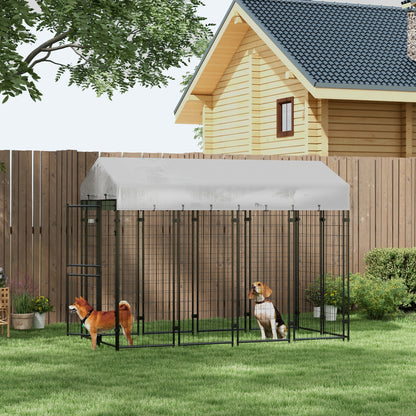 Pawhut Outdoor dog fence with roof and leads to 2 metal sections, 239x121x183cm, silver - Borgè