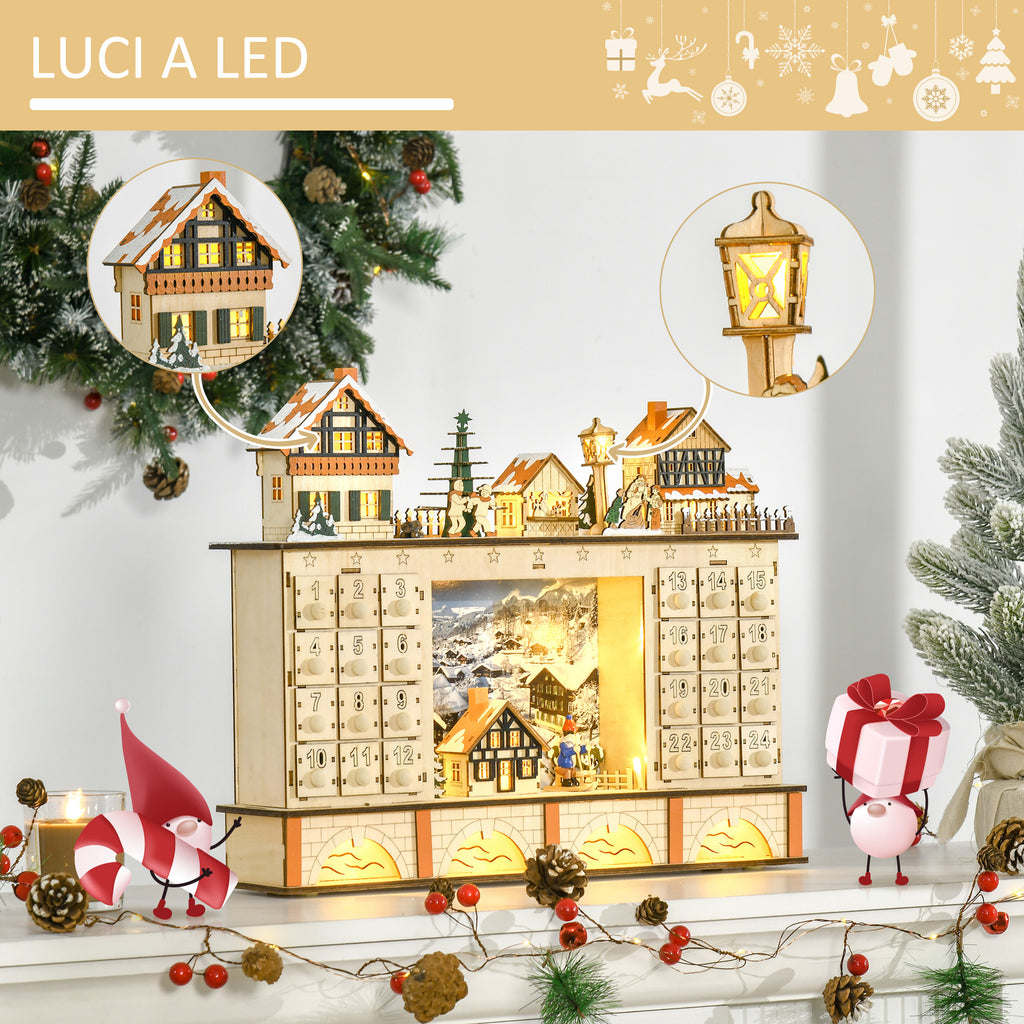 Wooden Advent Calendar with 24 Drawers to Fill, Christmas Village Decoration and Lights, 44x10x37cm