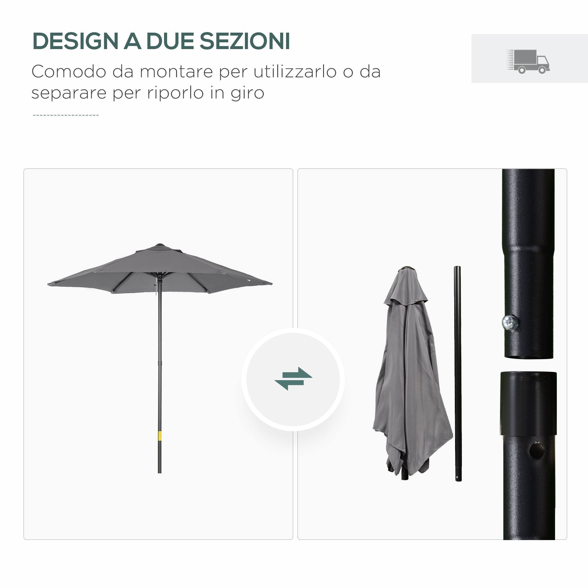 Garden Umbrella 2x2 m with 6 Ribs with Air Vent, in Aluminium, Metal and Dark Gray Polyester