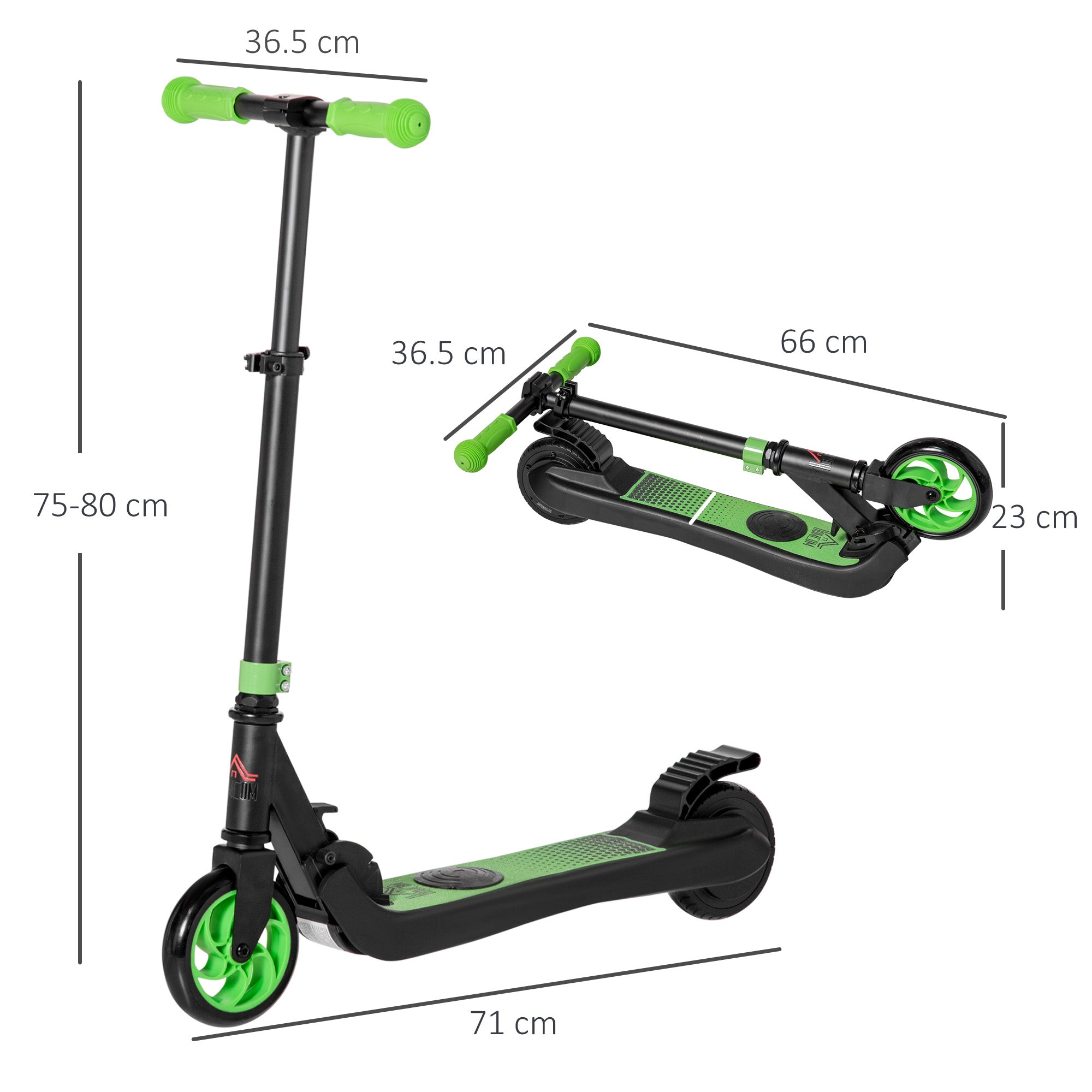 Folding Electric Scooter for Kids Ages 6+, Adjustable Height, 71 x 36.5 x 75-80 cm, Black and Green