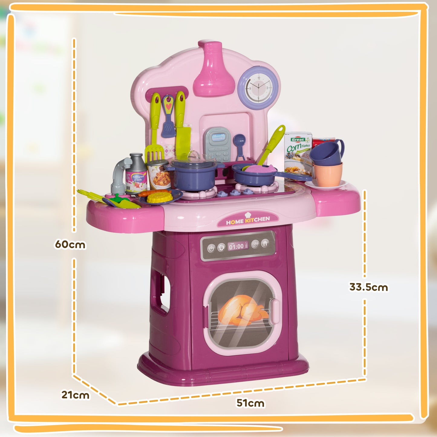 Toy Kitchen for Children 3-6 Years with 38 Accessories and Realistic Sounds, in PP and ABS, 51x21x60 cm, Pink