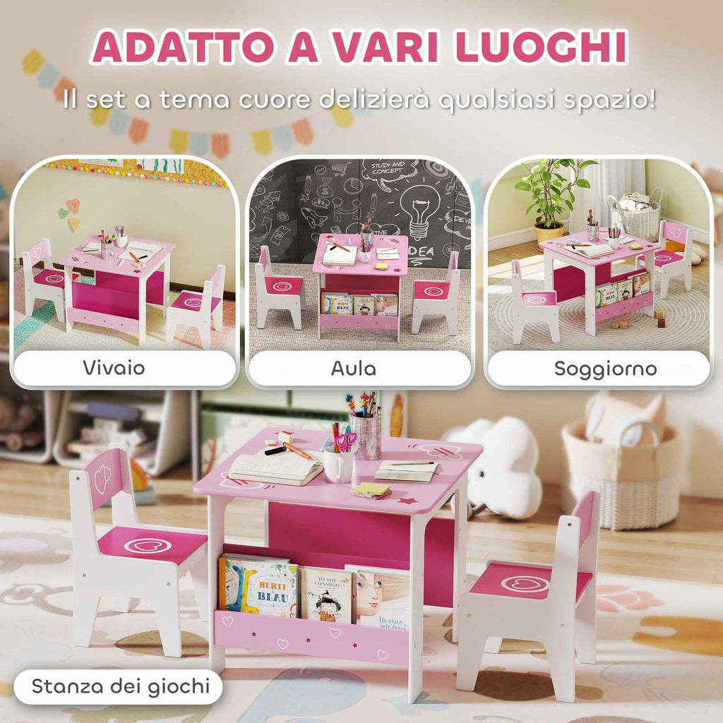 AIYAPLAY Children's Table and Chair Set for 3-8 Years Old, MDF Wooden Coffee Table with Shelf and Heart Design, Pink