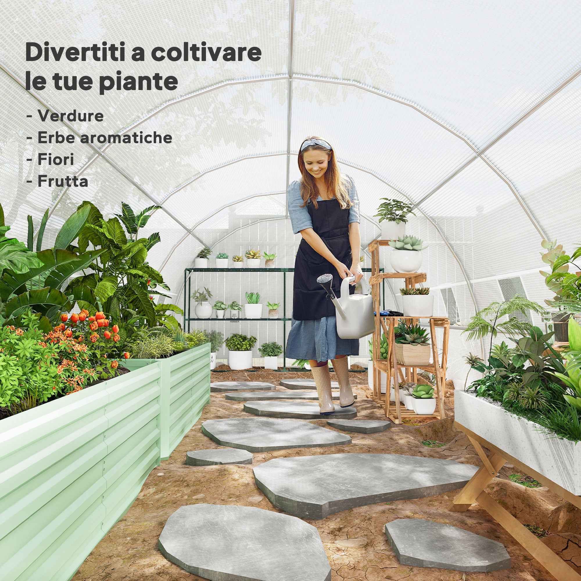 Outsunny 8x3x2 m Tunnel Greenhouse with Plastic Lining and Reinforced Steel, White