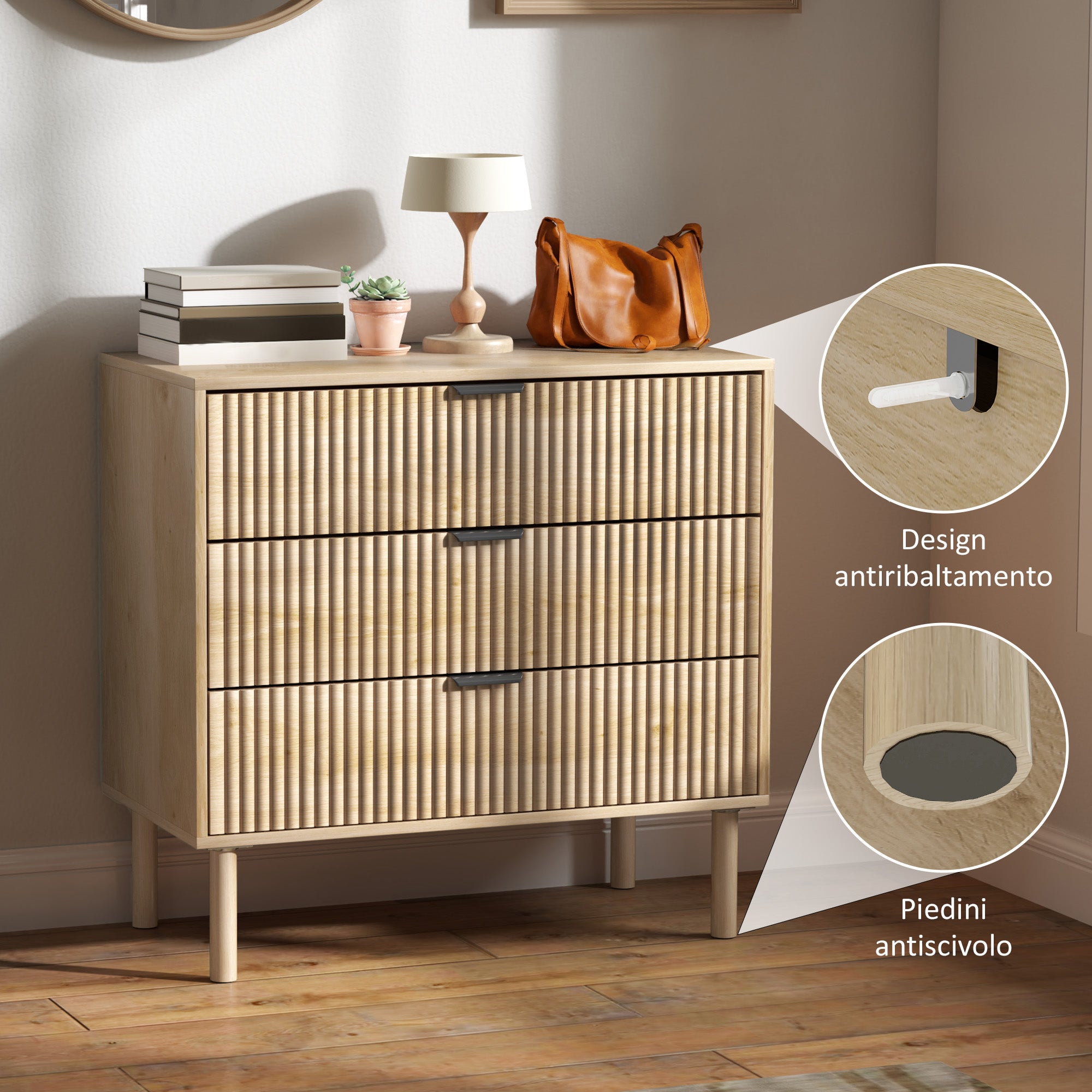 3 Drawer Wooden Chest of Drawers for Bedroom and Entrance Nordic Style, 80x40x77.5 cm, Oak