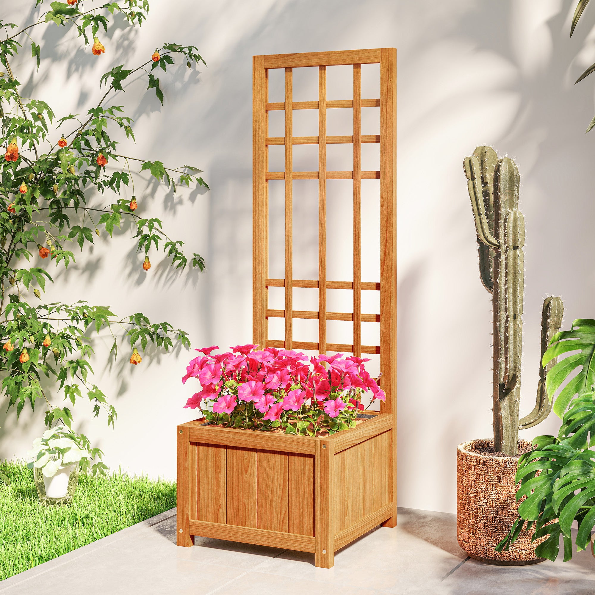 Planter with Trellis for Climbing with Drainage Hole and Lining, Wooden, 40x40x120 cm, Brown