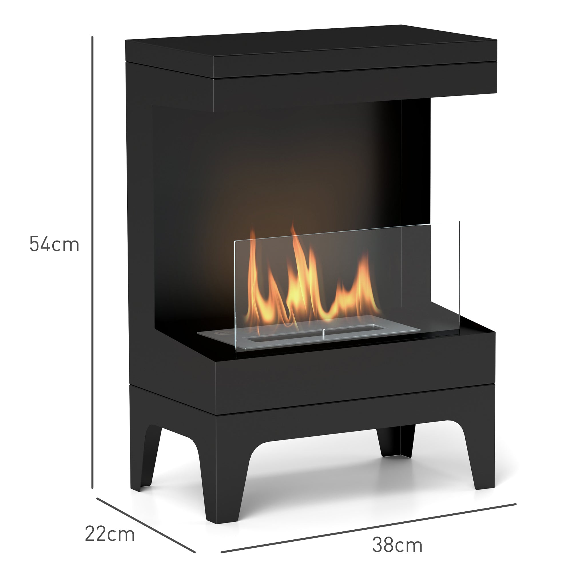 Freestanding Bioethanol Fireplace with 0.9L Burner and 3.3 Hours Burn Time, 38x22x54 cm, Black