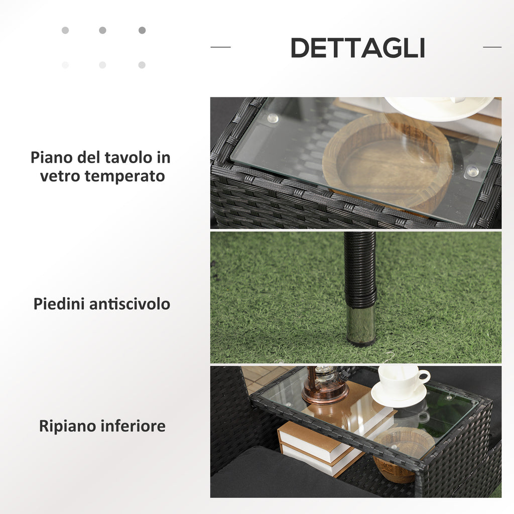 2-Seater Outdoor Sofa with Coffee Table, in Steel and PE Rattan, 137x59x82 cm, Black - Borgè