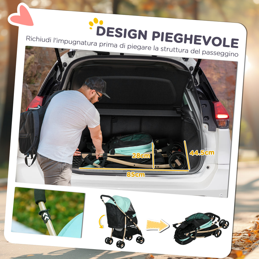 Foldable Dog Stroller with Rain Cover, Basket, and Built-in Leash, Green