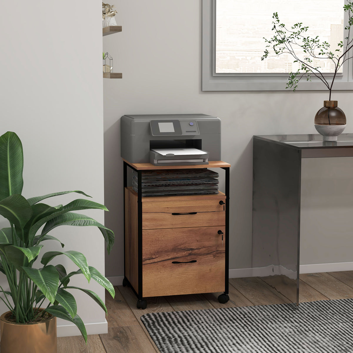 Vinsetto Office Drawer Cabinet with 2 Lockable Drawers, Mobile with Wheels and Bar for A4 and Letter Folders, 44 x 40 x 66.5 cm, Rustic Brown