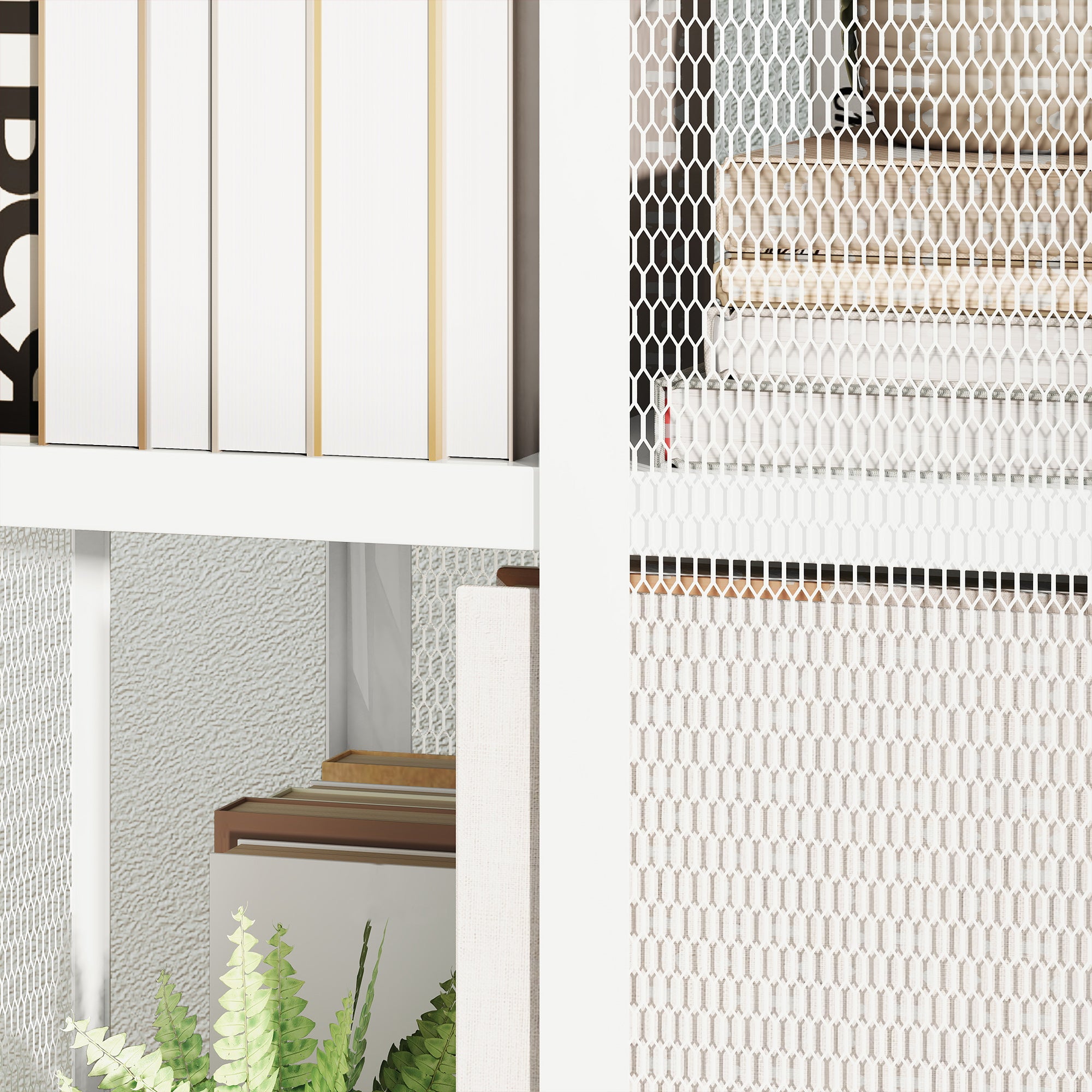 Modern 3-Tier Metal Mesh Bookcase with Wheels, 35x35x99cm, White