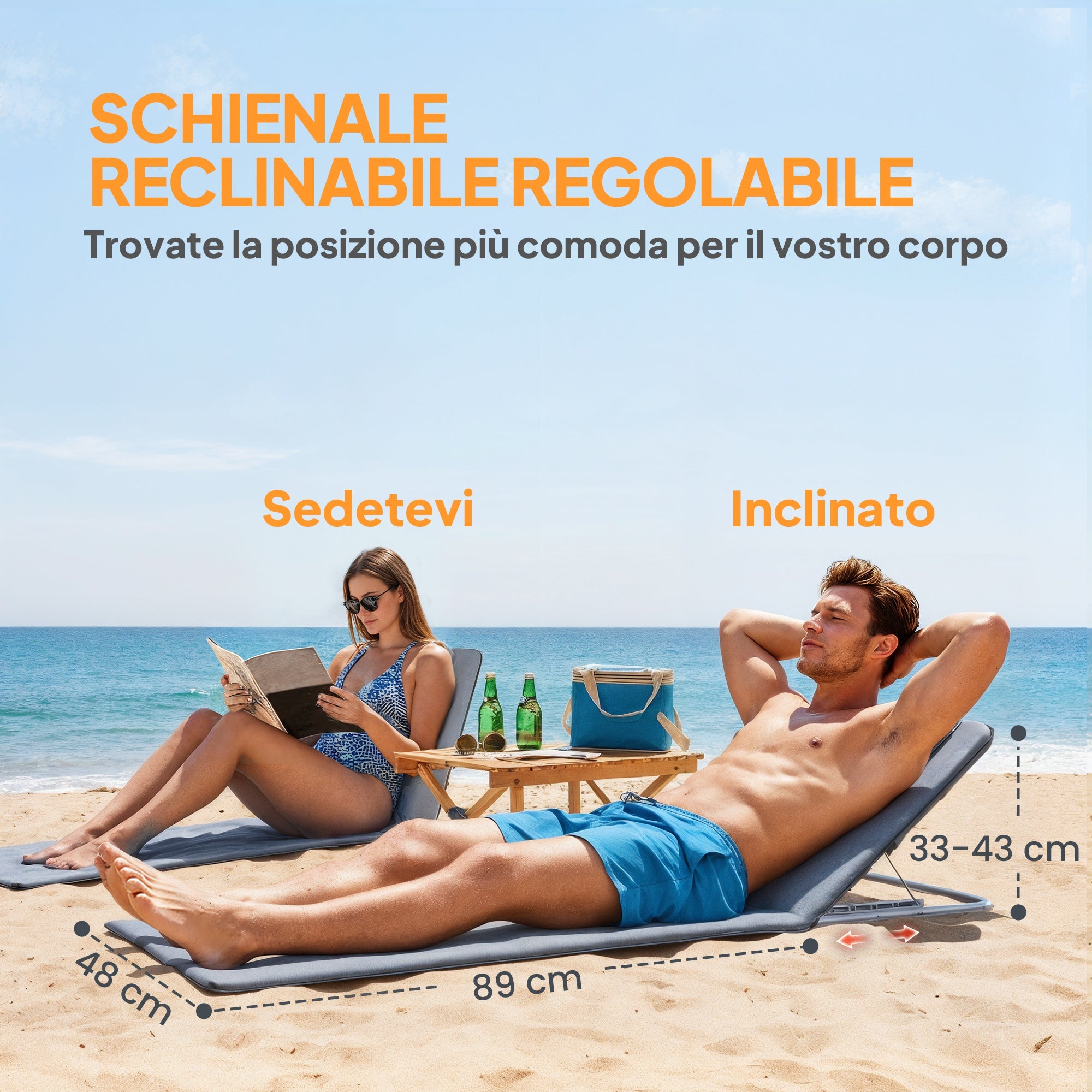 Outsunny Set of 2 Beach Chairs with 5-Level Adjustable Backrest, Headrest and Travel Bag, Folding Beach Loungers in Steel and PE, 134x48x33-43 cm, Grey