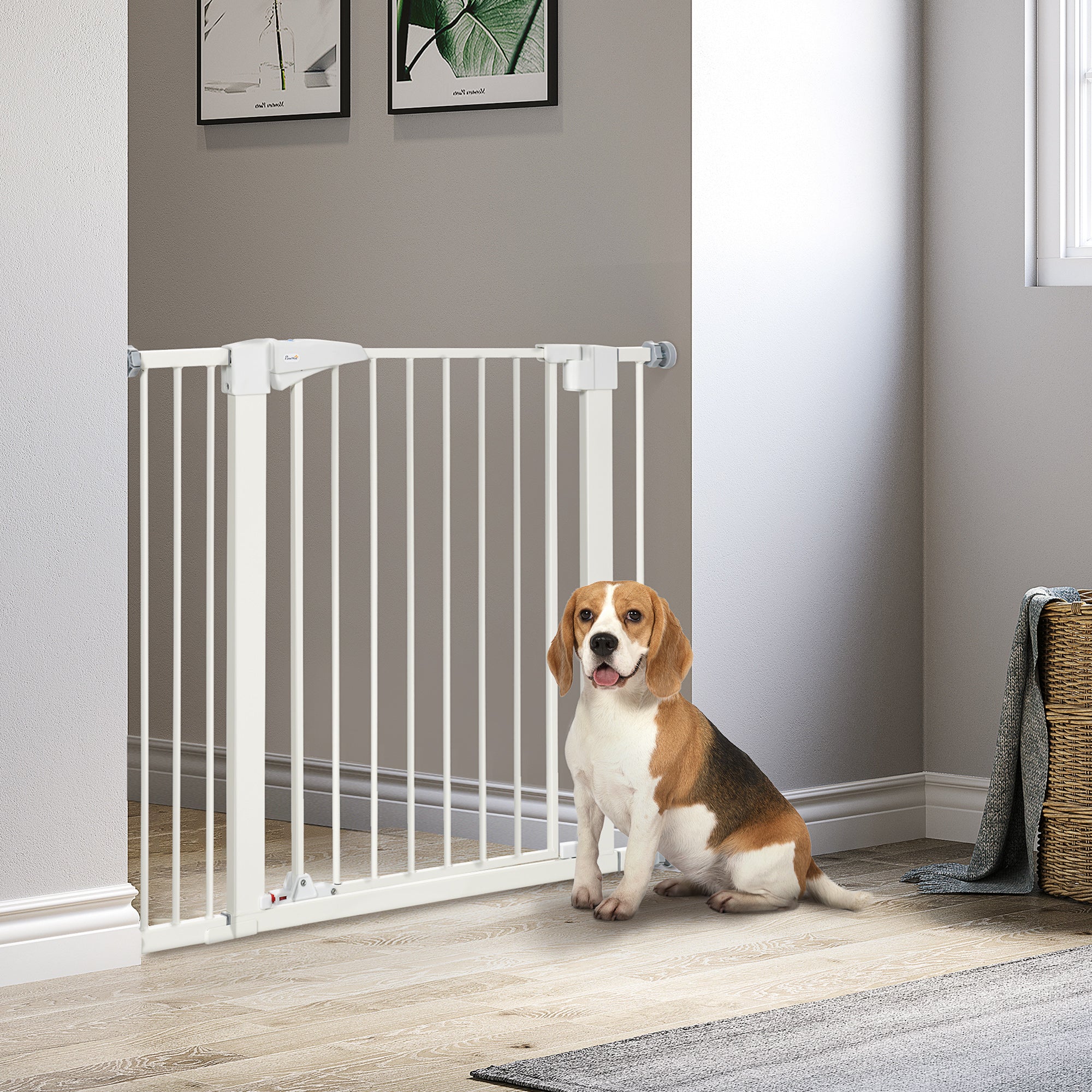 Dog Gate for Small and Medium Dogs with Double Lock and Automatic Closure, 76-103x4.2x77 cm, White