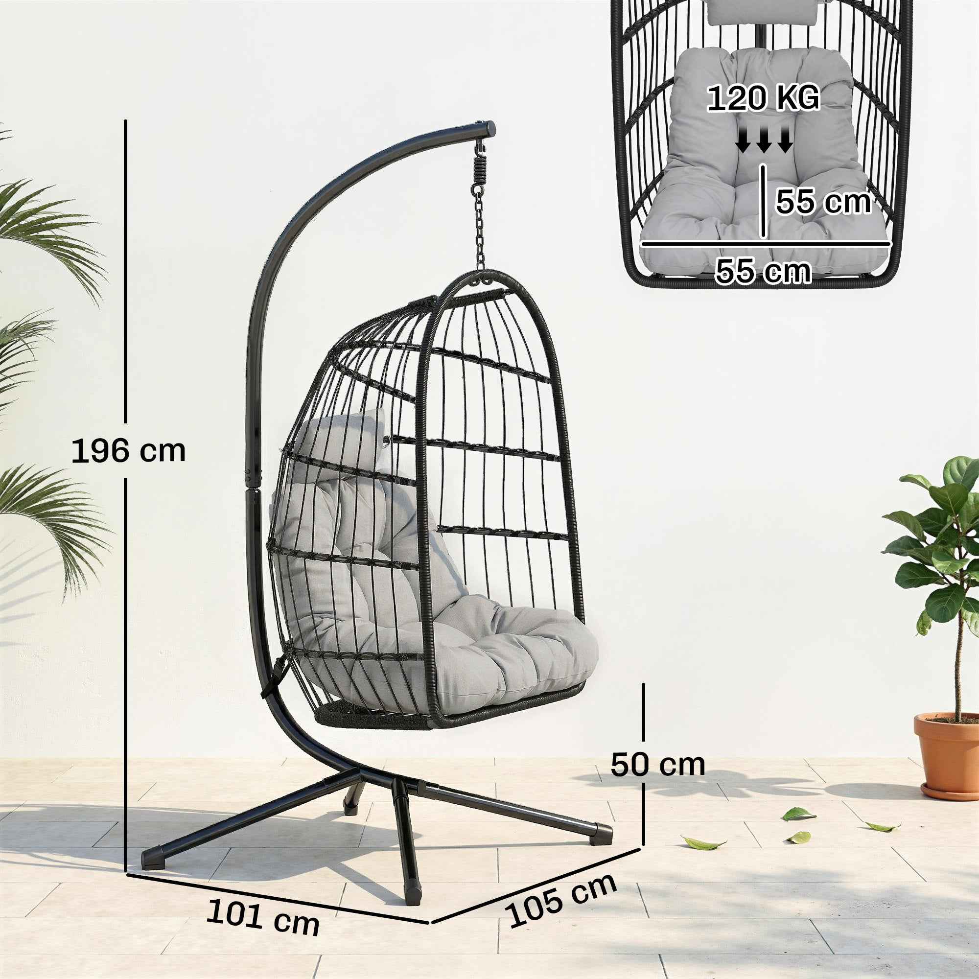 Outsunny Hanging Egg Chair with Stand and Safety Strap, 105x101x196 cm, Black and Light Grey