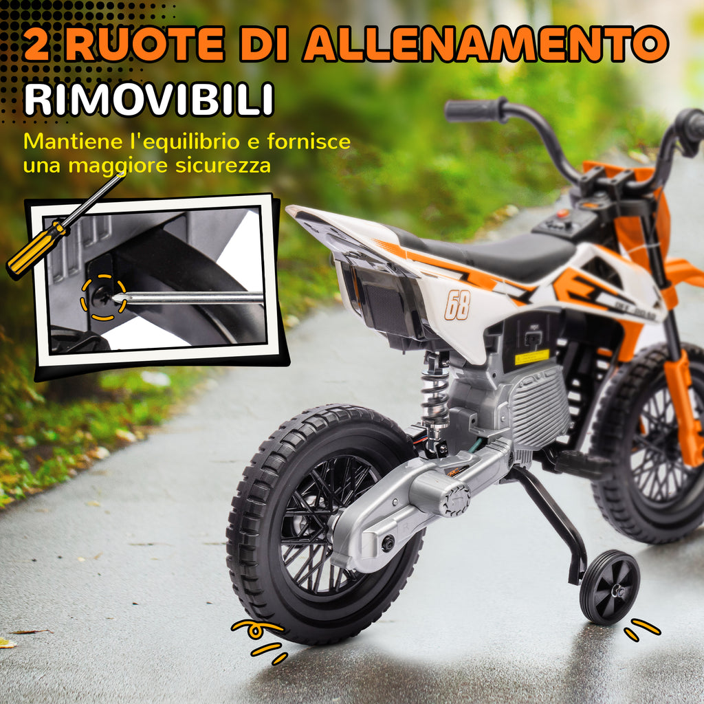 Electric Motorcycle for Kids with Removable Training Wheels, Suspension, Sounds and Charge Indicator, Orange
