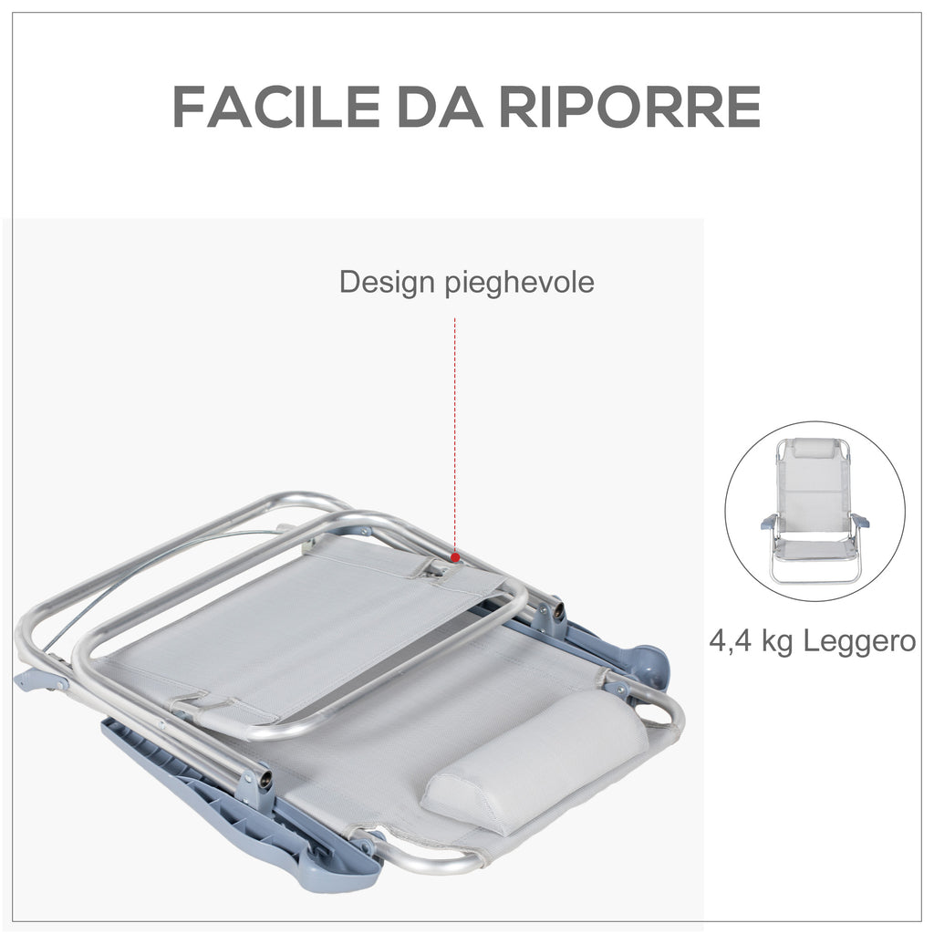 Set of 2 Folding and Reclining Camping Chairs on 6 Levels, in Aluminum and Foam, 62x65x80 cm, Light Gray
