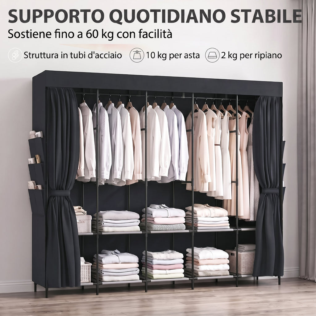 HOMCOM Space-Saving Fabric Wardrobe with 5 Rods, 5 Shelves, 6 Side Pockets, Dustproof Doors with Zip, Black