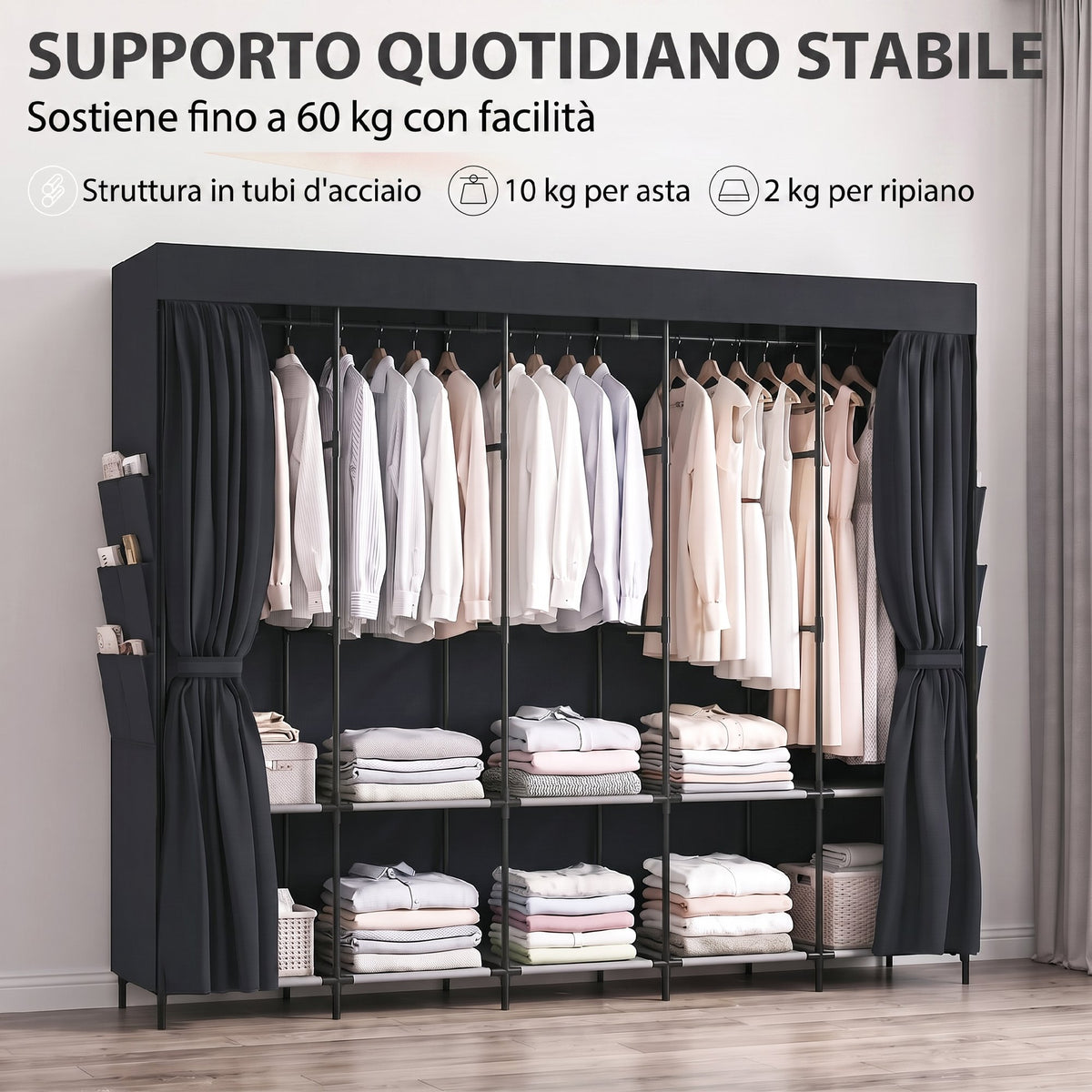 HOMCOM Space-Saving Fabric Wardrobe with 5 Rods, 5 Shelves, 6 Side Pockets, Dustproof Doors with Zip, Black