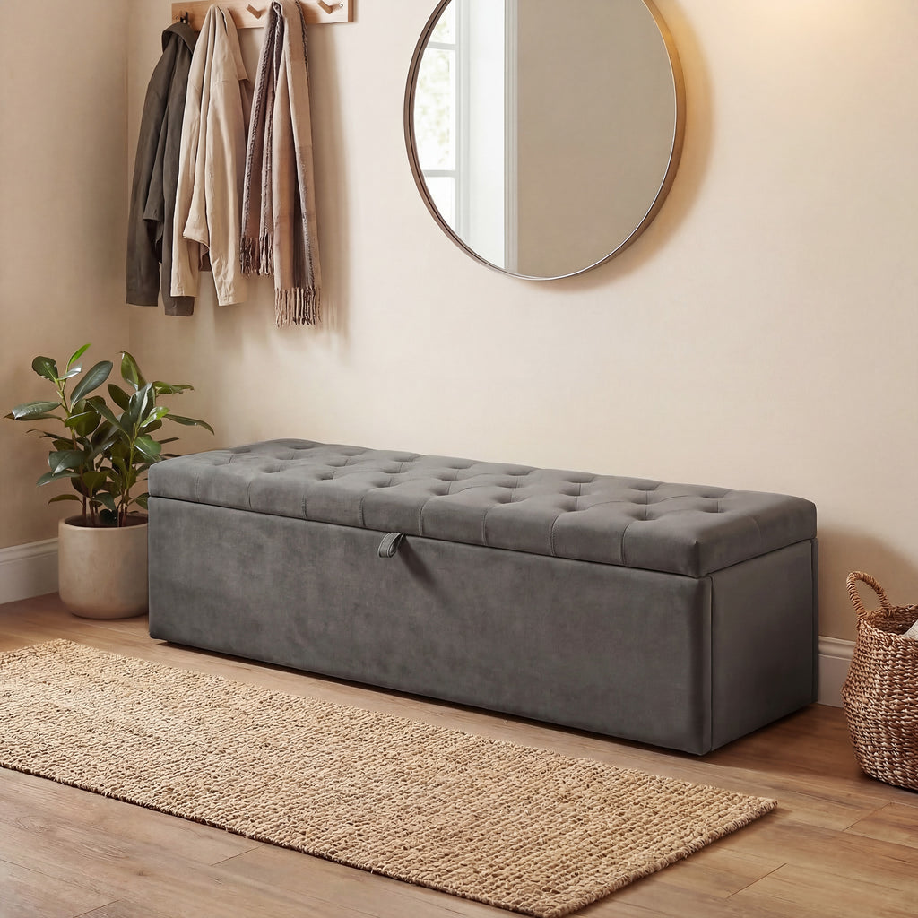 HOMCOM Velvet Storage Bench 140L with Wide Padded Seat, 240kg Capacity, Bedroom Living Room Entrance, Grey