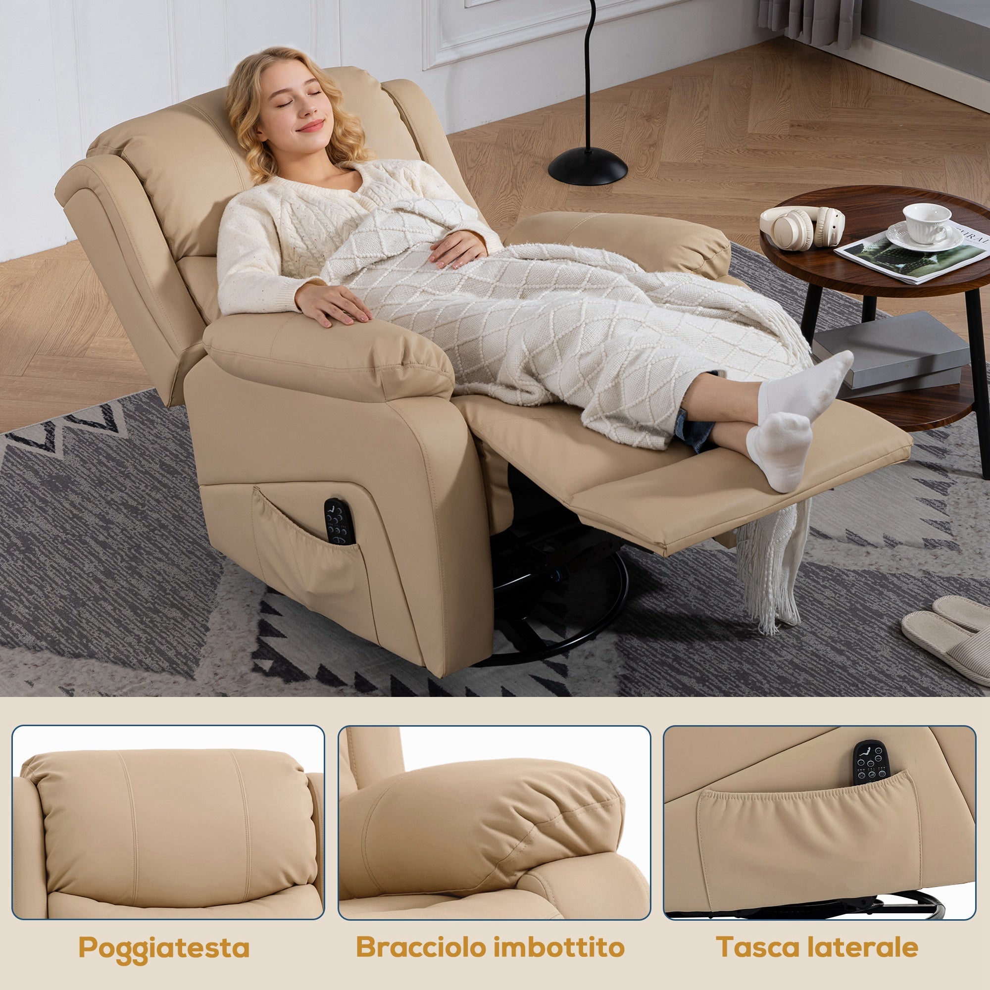 Reclining Relaxing Chair with 8 Massage Points, Heating and Footrest, 87x97x100 cm, Beige
