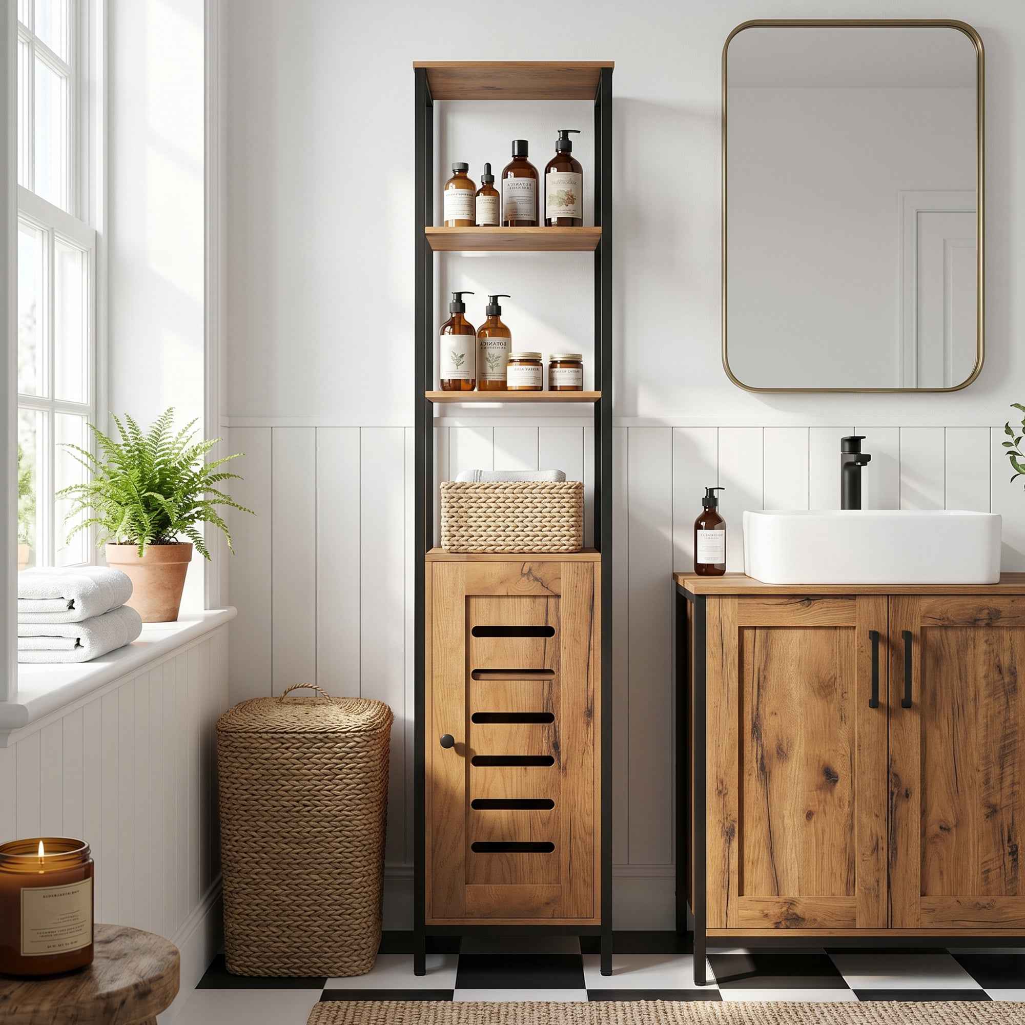 kleankin Tall Narrow Bathroom Cabinet, Space-Saving Bathroom Cabinet with Soft-Close Louvered Doors, 3 Open Shelves, Adjustable Shelves, Rustic Brown