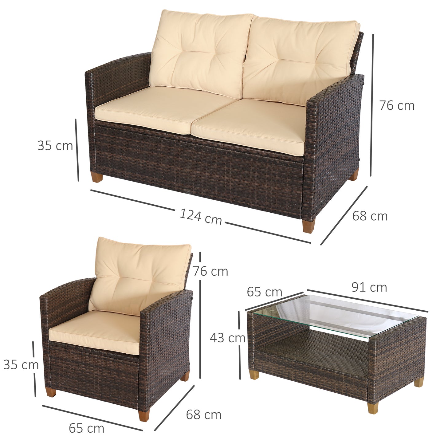 NARCO | 4 Piece PE Rattan Garden Furniture Set and Coffee Table, Upholstered Sofa and Armchairs Brown and Beige 124x68x76cm