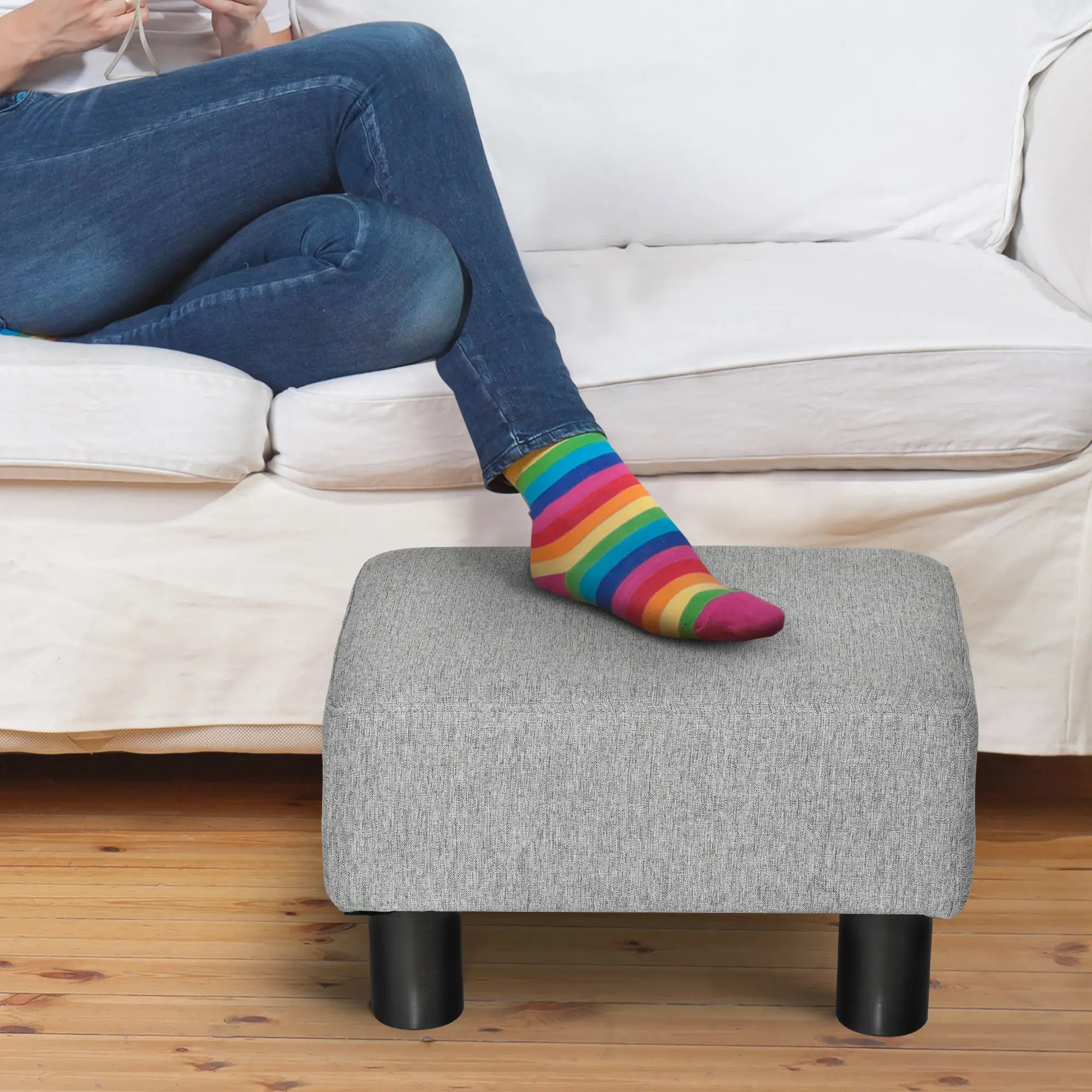 Pouf Footstool in Linen Effect Fabric Padded, 40x30x24cm, Grey