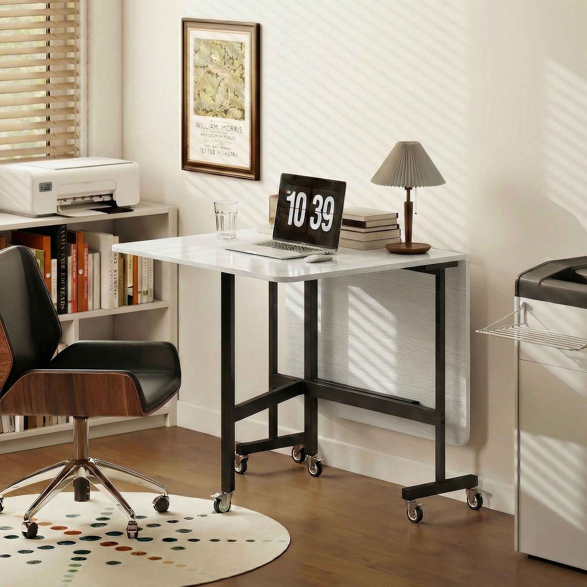 HOMCOM Folding Table for 4-6 People with 2 Flaps and Wheels with Brakes, 120x80x73 cm, White Wood
